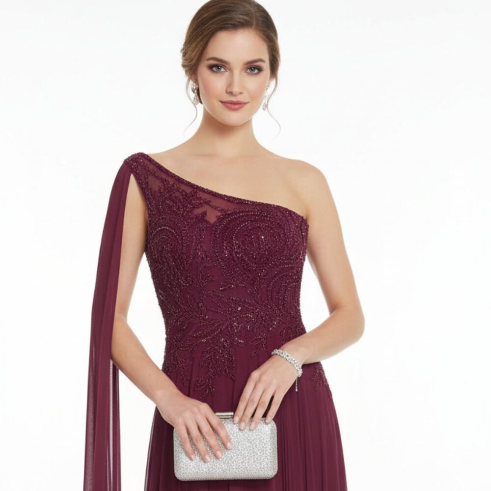 Burgundy A-line Mermaid Gown with Cape Sleeve & Sequin Bodice Formal Gown sz 2